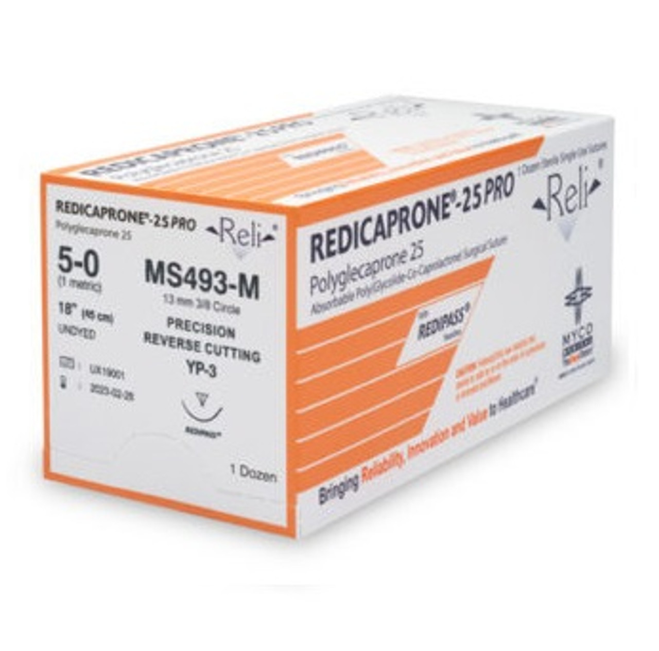 Suture, Absorbable Suture with Needle Myco Reli® Poliglecaprone YP-3 1/2 Circle Reverse Cutting Needle Size 5 - 0 Monofilament 18 Inch 13mm by Myco Medical  ID MS493-M